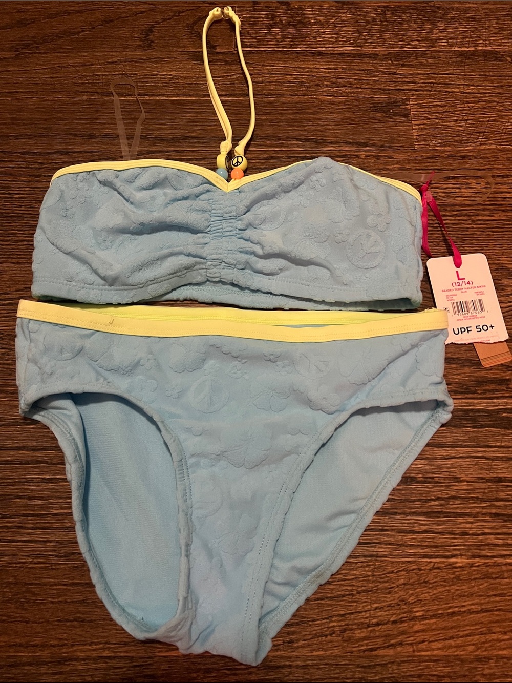 Justice Light Blue Bikini Set with Yellow Trim and Pink Strap